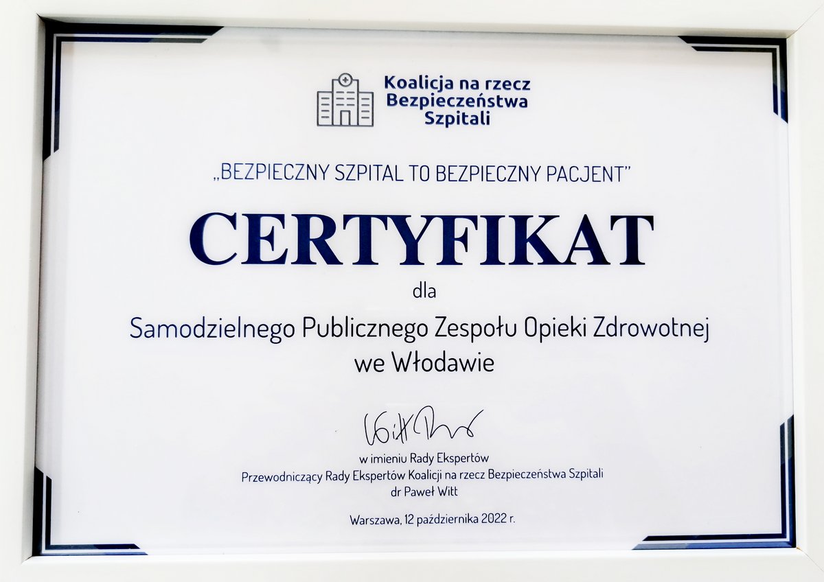 Certyfikat "Bezpieczny szpital to bezpieczny pacjent"